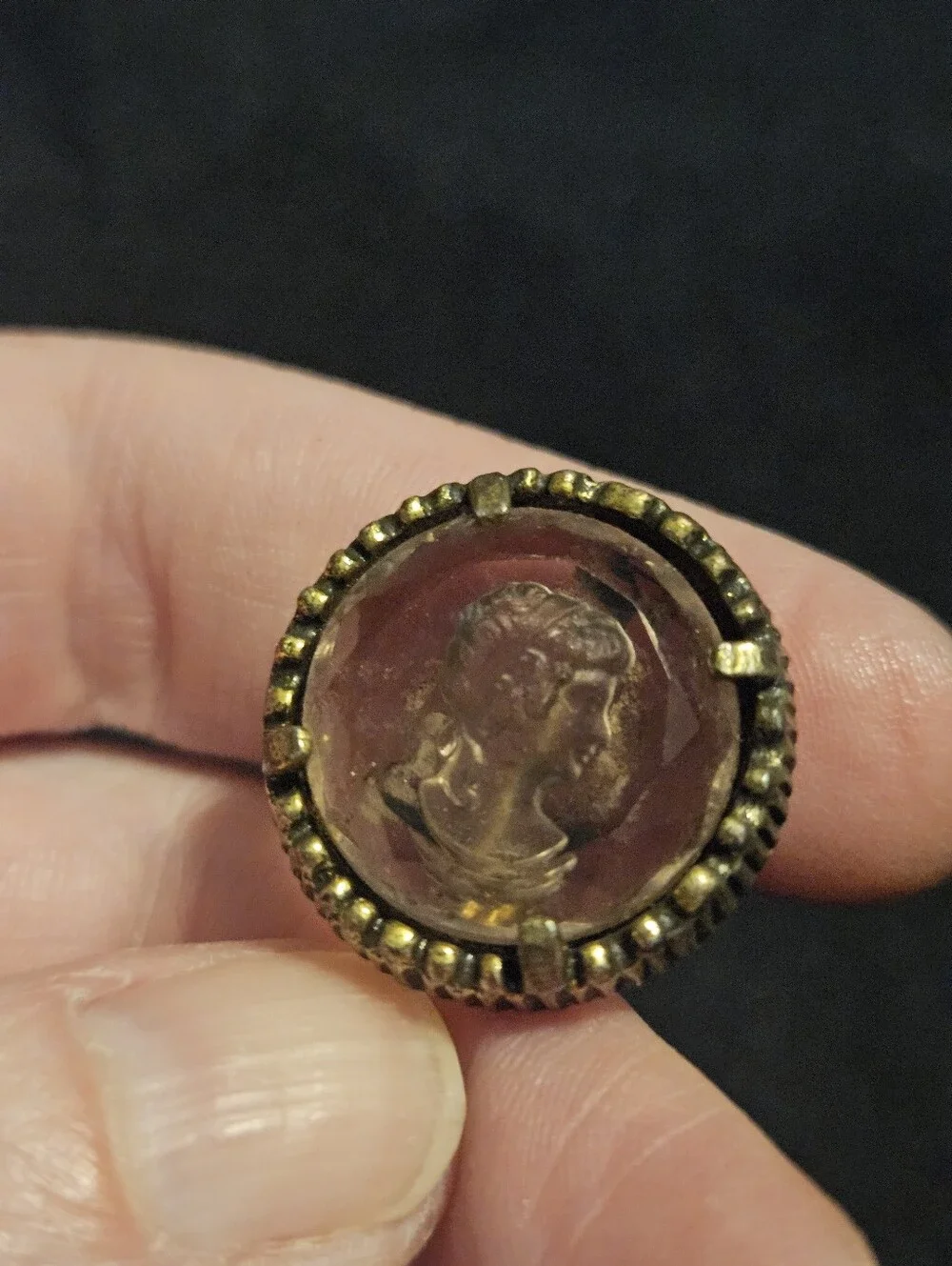 Antique Victorian Glass Intaglio Stickpin Neo Classical Cameo Head Gold Tone Pin